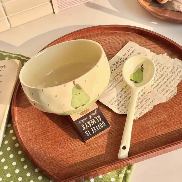 Adorable Cute Fruit Croissant Ceramic Rice Bowl with Spoon set of 4 - Picture 7 of 8